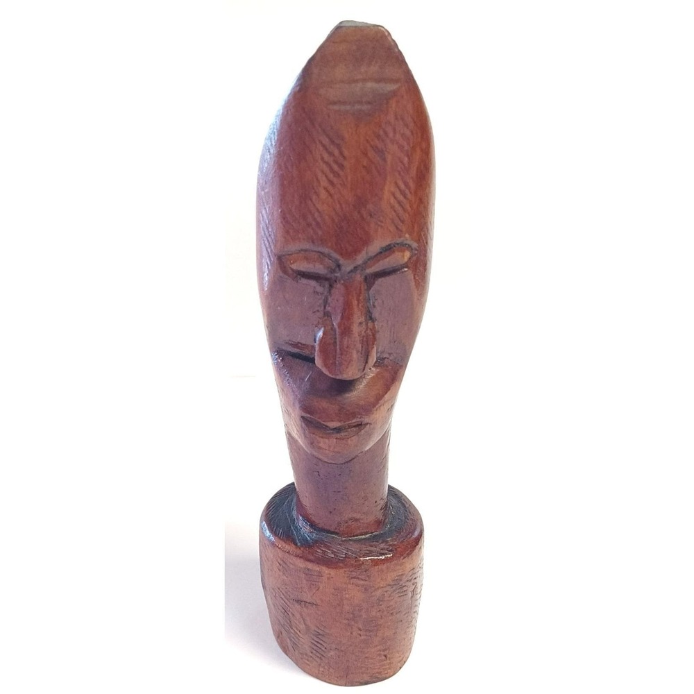 Vintage African Hand Carved Wooden Head Bust Statue Tribal Art Folk Figurine 10"